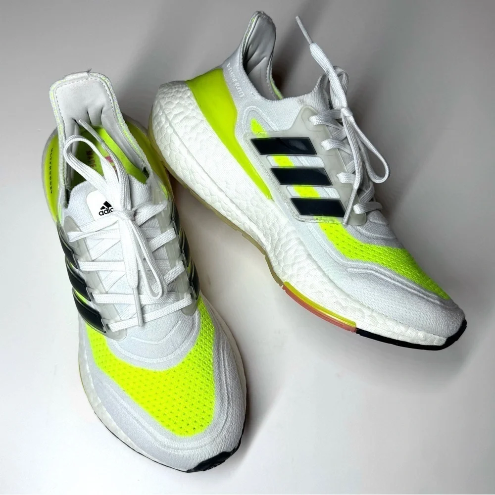 Adidas Men’s Ultraboost 21 Athletic Running Shoes - White and Neon Yellow Size-7